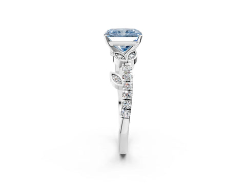 White gold Fancy Blue Radiant Cut Solitaire Leaf-Inspired Diamond Ring with Pavé Band and Four-Prong Setting_14