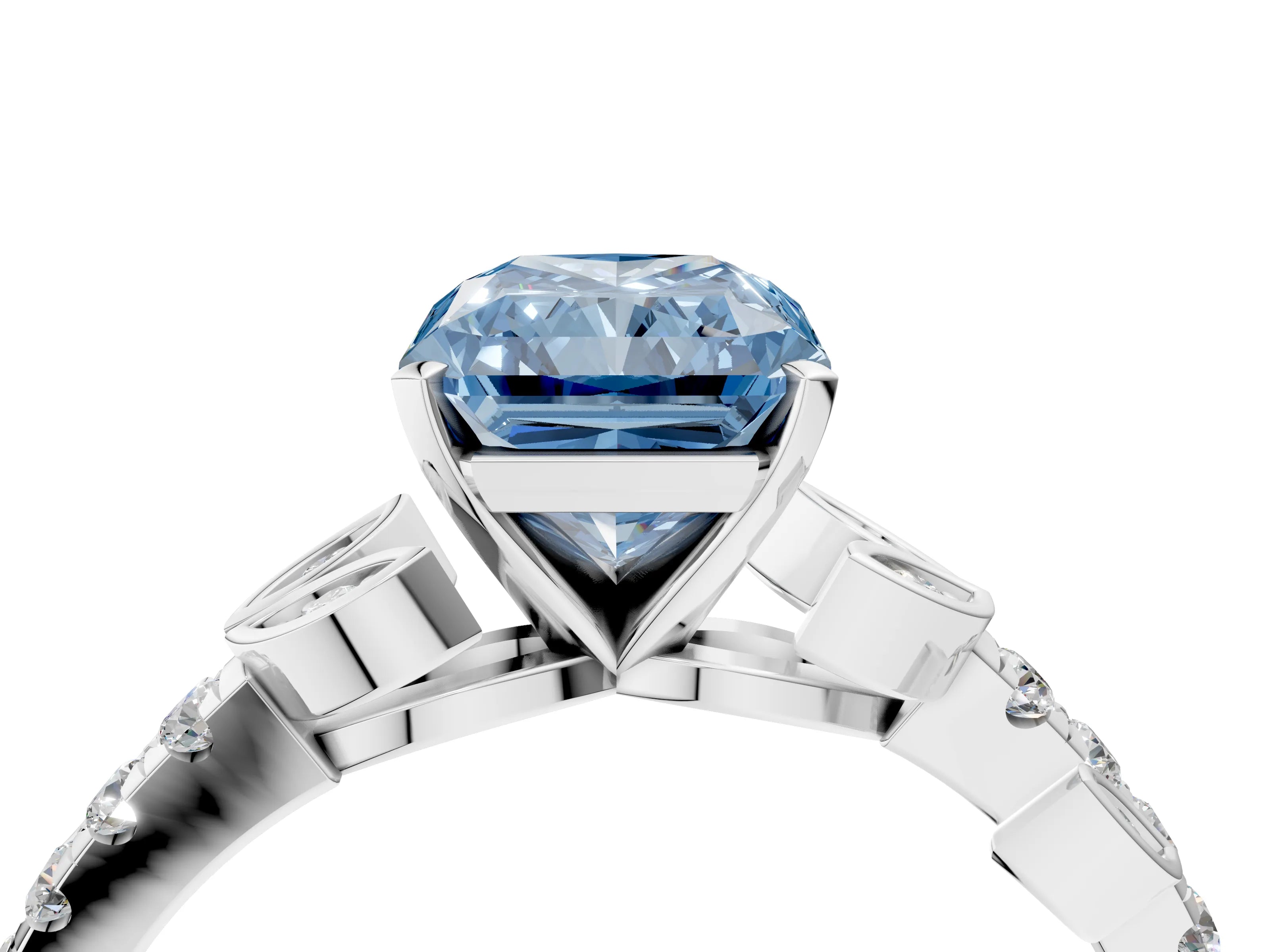 White gold Fancy Blue Radiant Cut Solitaire Leaf-Inspired Diamond Ring with Pavé Band and Four-Prong Setting_16
