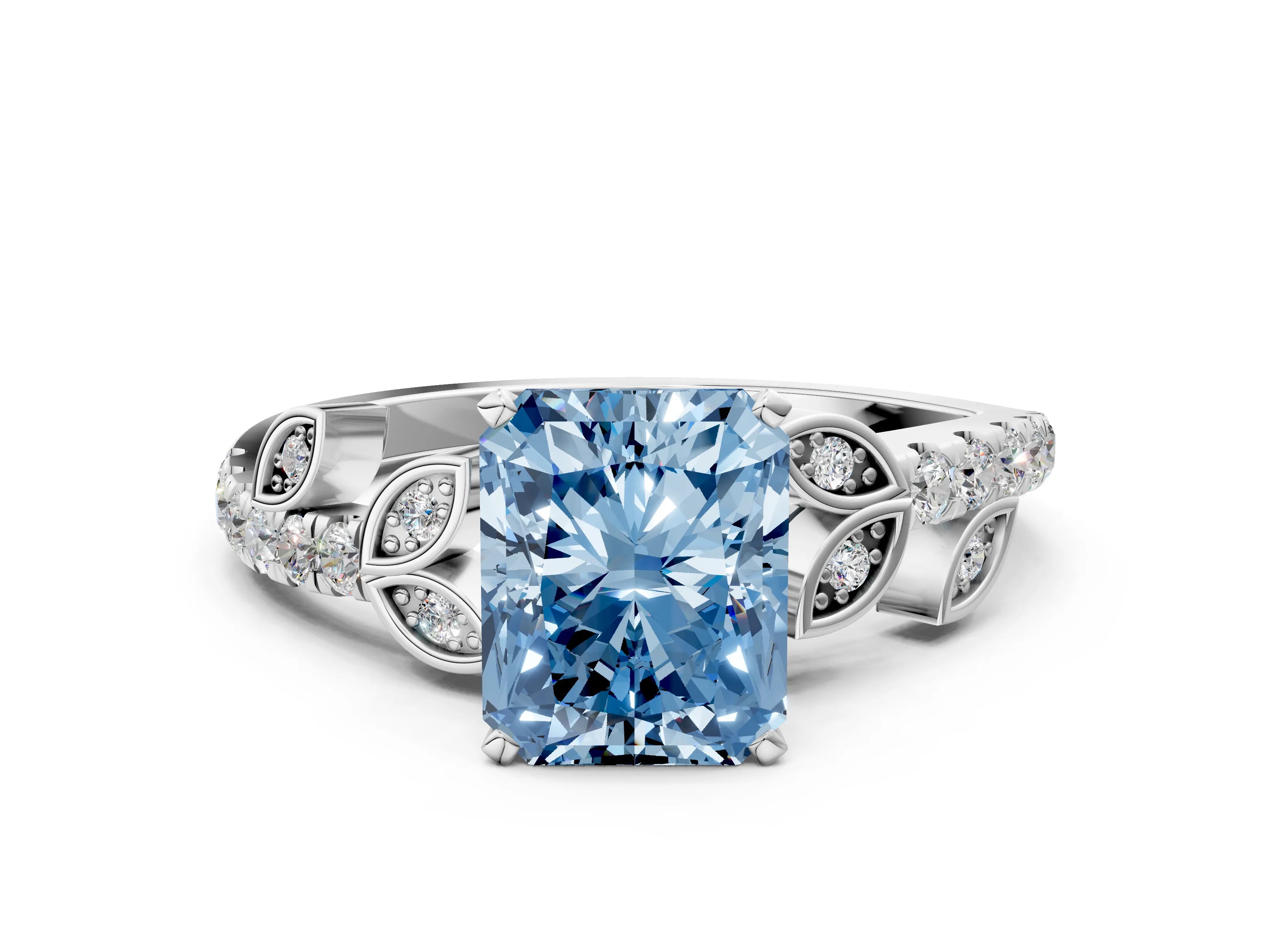 White gold Fancy Blue Radiant Cut Solitaire Leaf-Inspired Diamond Ring with Pavé Band and Four-Prong Setting_24