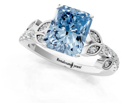 White gold Fancy Blue Radiant Cut Solitaire Leaf-Inspired Diamond Ring with Pavé Band and Four-Prong Setting_25