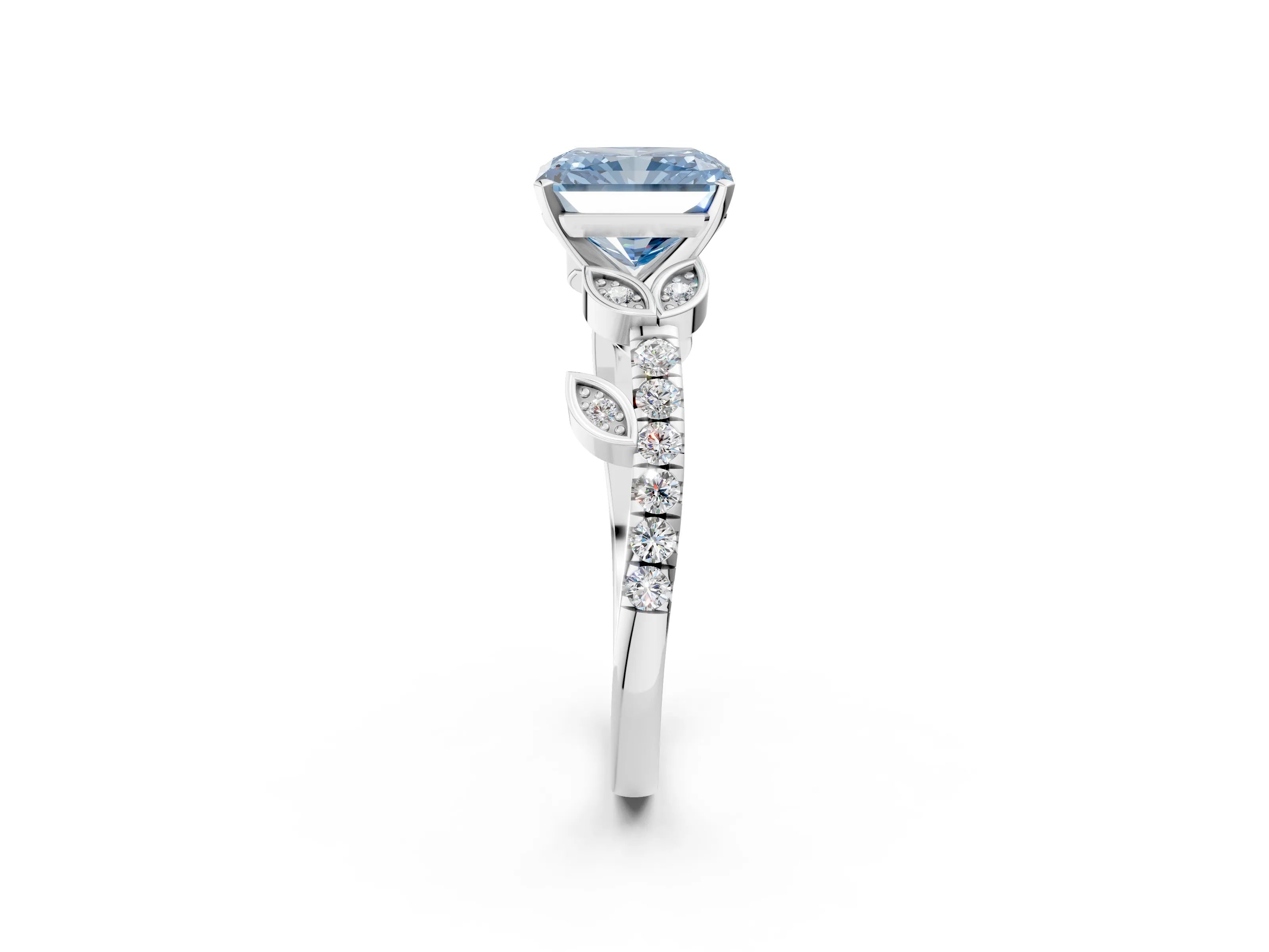 White gold Fancy Blue Radiant Cut Solitaire Leaf-Inspired Diamond Ring with Pavé Band and Four-Prong Setting_26
