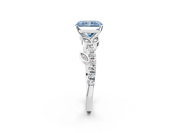 Platinum Fancy Blue Radiant Cut Solitaire Leaf-Inspired Diamond Ring with Pavé Band and Four-Prong Setting
