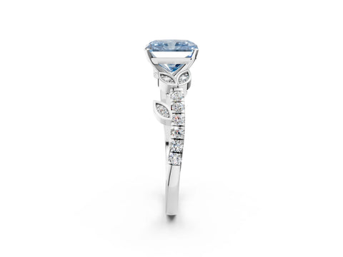 White gold Fancy Blue Radiant Cut Solitaire Leaf-Inspired Diamond Ring with Pavé Band and Four-Prong Setting_26