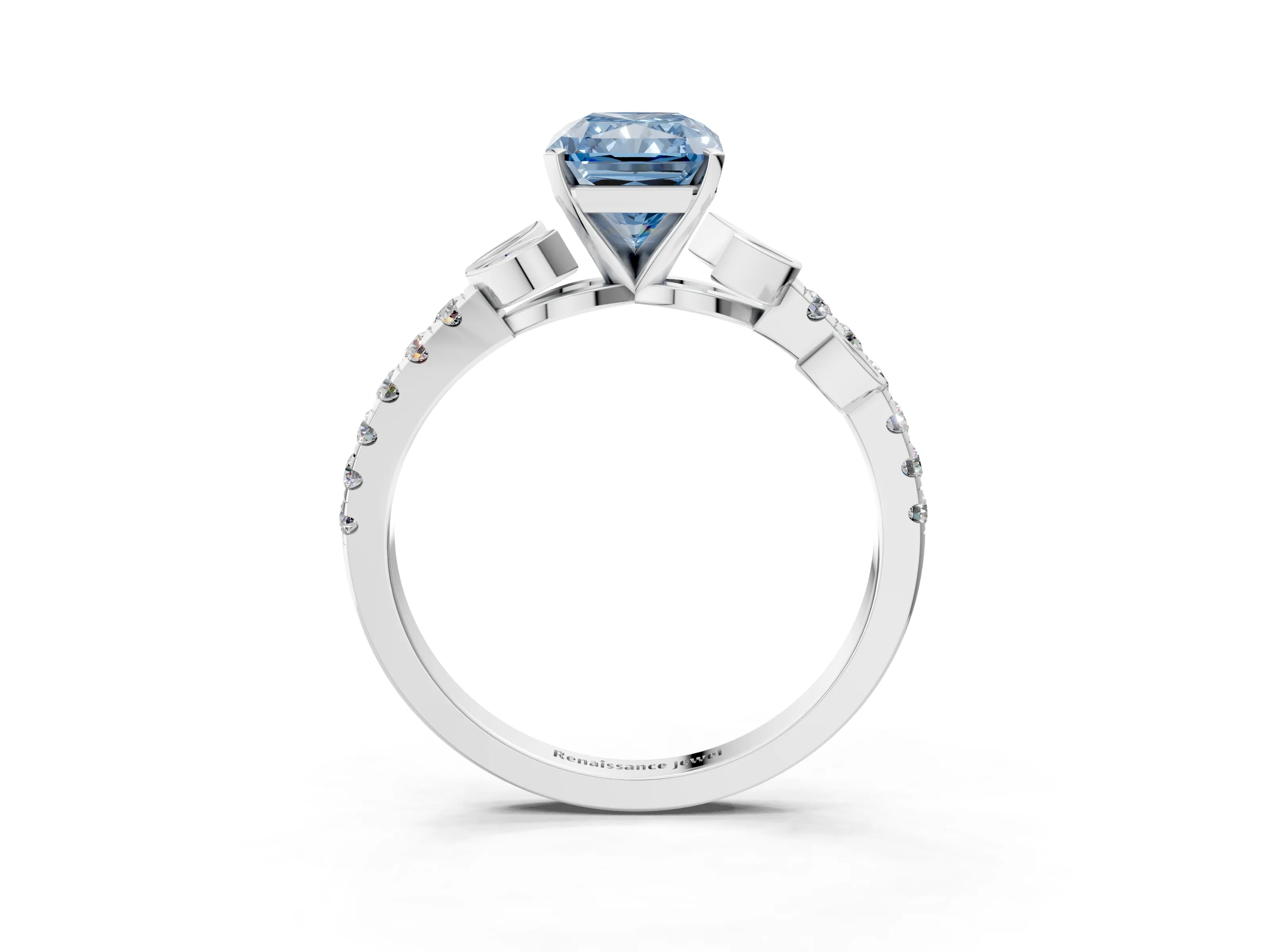 White gold Fancy Blue Radiant Cut Solitaire Leaf-Inspired Diamond Ring with Pavé Band and Four-Prong Setting_27