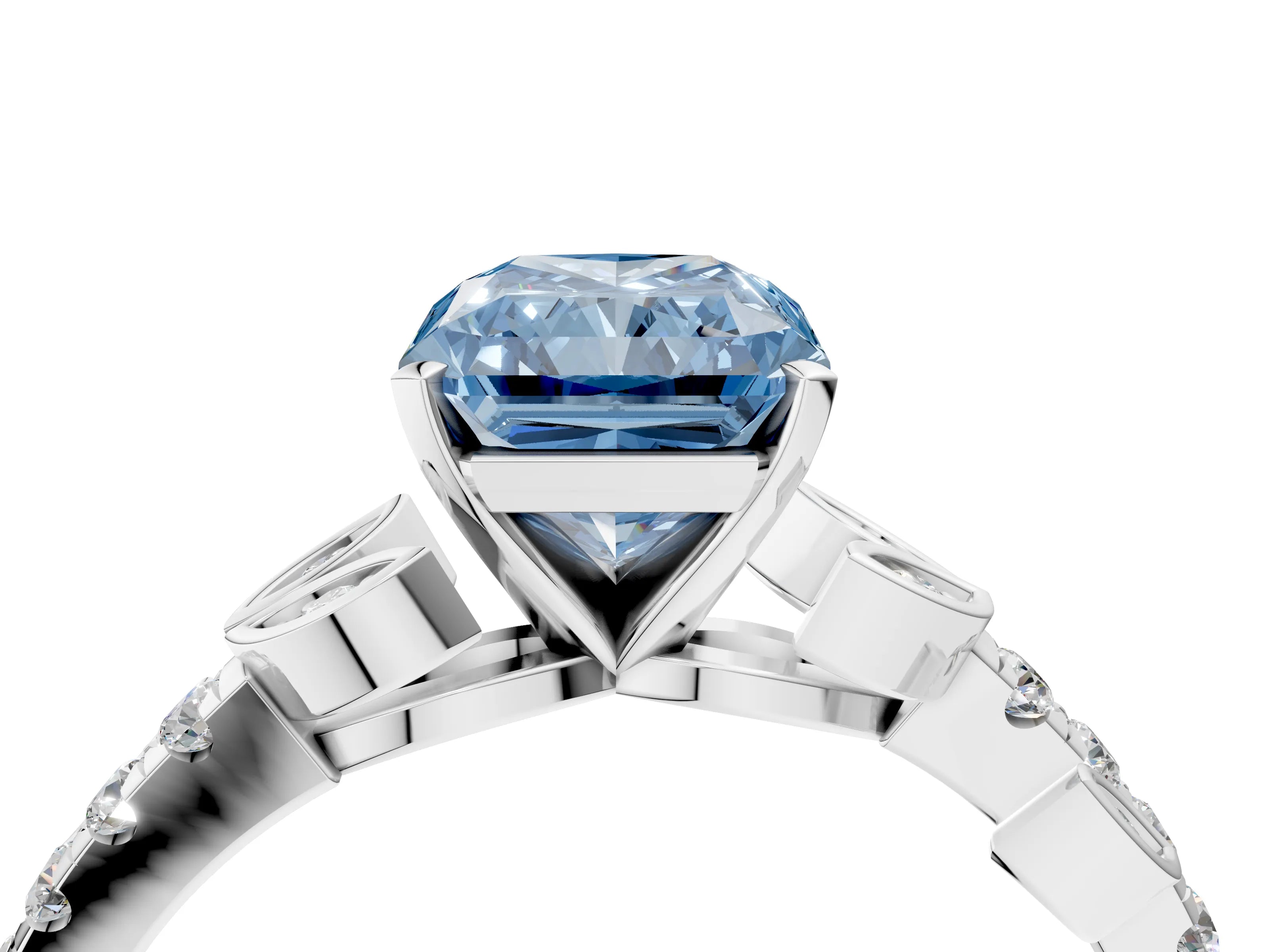White gold Fancy Blue Radiant Cut Solitaire Leaf-Inspired Diamond Ring with Pavé Band and Four-Prong Setting_28