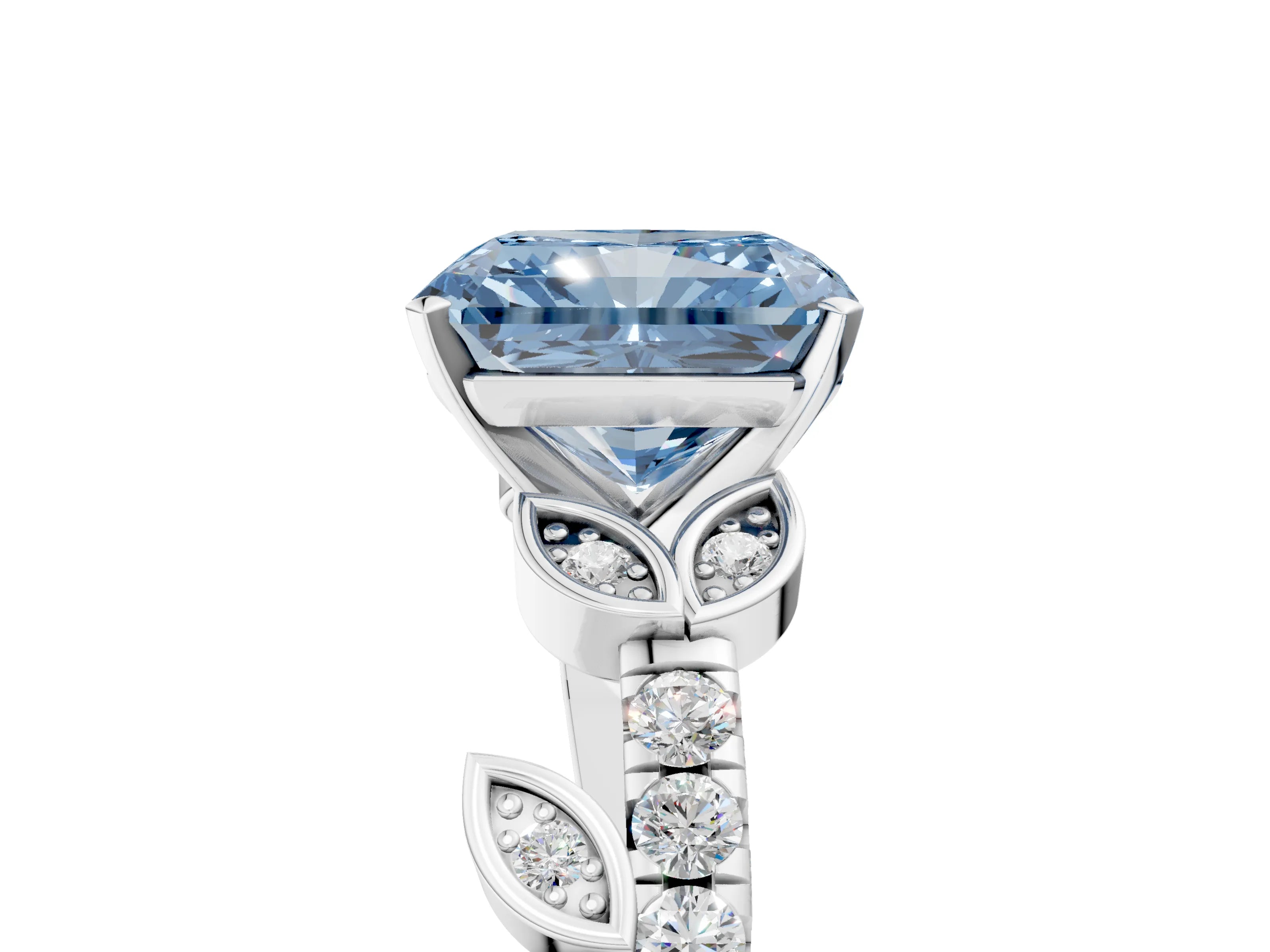 White gold Fancy Blue Radiant Cut Solitaire Leaf-Inspired Diamond Ring with Pavé Band and Four-Prong Setting_29