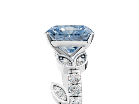 White gold Fancy Blue Radiant Cut Solitaire Leaf-Inspired Diamond Ring with Pavé Band and Four-Prong Setting_29