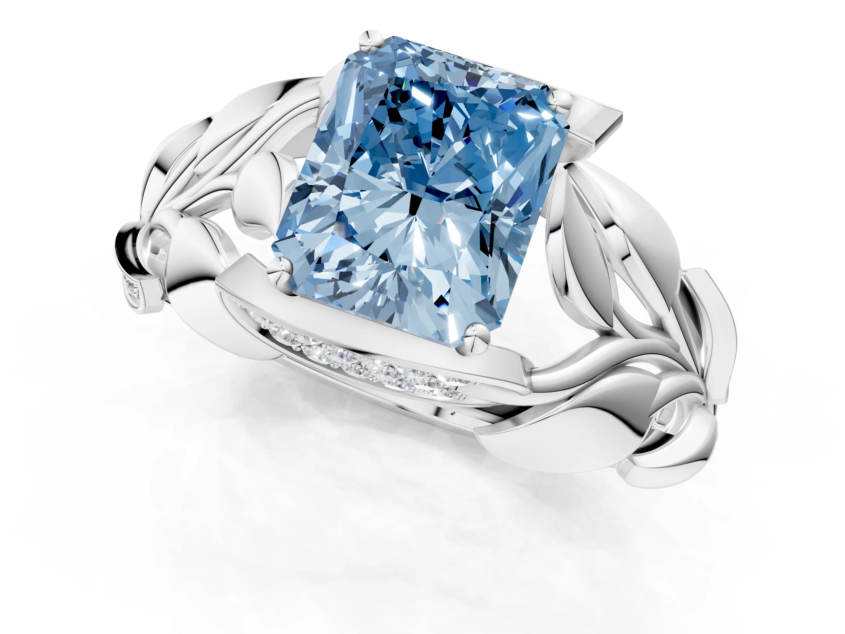 White gold Fancy Blue Radiant Cut Solitaire Leaf-Inspired Engagement Ring with Prong Setting_1
