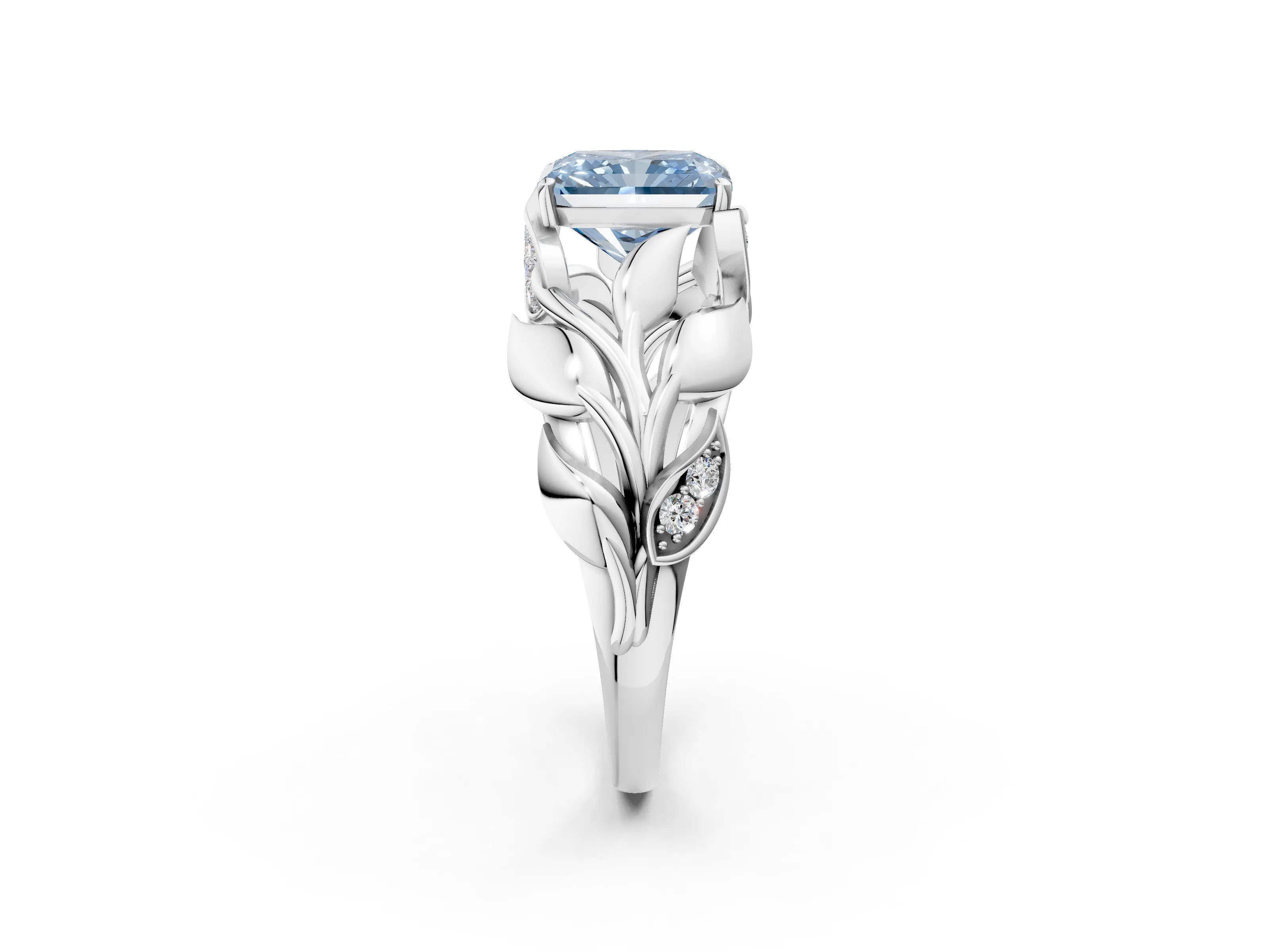 White gold Fancy Blue Radiant Cut Solitaire Leaf-Inspired Engagement Ring with Prong Setting_2