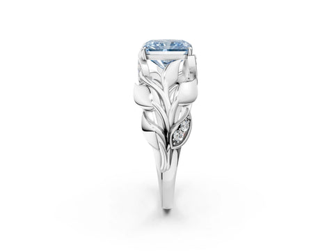 White gold Fancy Blue Radiant Cut Solitaire Leaf-Inspired Engagement Ring with Prong Setting_2