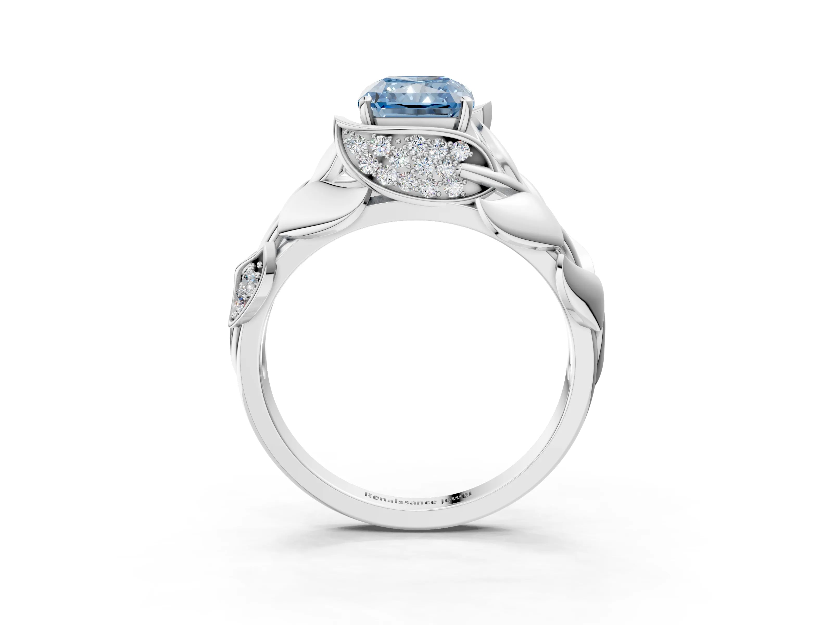 White gold Fancy Blue Radiant Cut Solitaire Leaf-Inspired Engagement Ring with Prong Setting_3