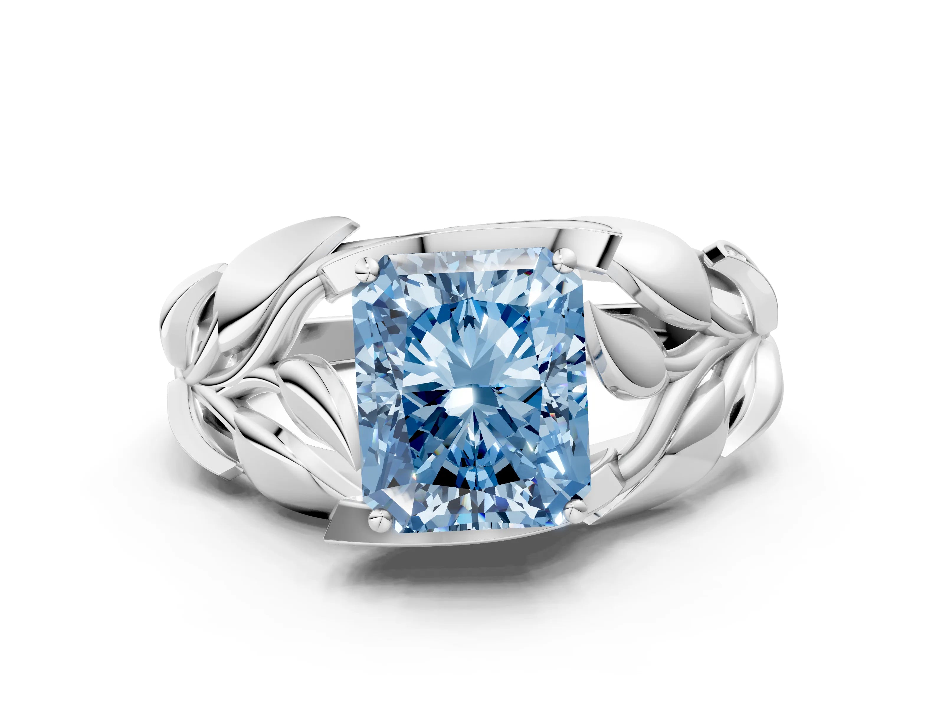White gold Fancy Blue Radiant Cut Solitaire Leaf-Inspired Engagement Ring with Prong Setting