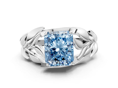 White gold Fancy Blue Radiant Cut Solitaire Leaf-Inspired Engagement Ring with Prong Setting