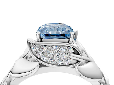 White gold Fancy Blue Radiant Cut Solitaire Leaf-Inspired Engagement Ring with Prong Setting_4