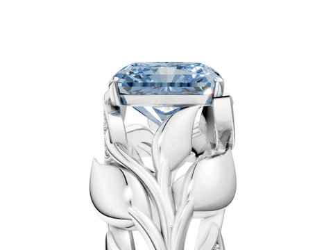 White gold Fancy Blue Radiant Cut Solitaire Leaf-Inspired Engagement Ring with Prong Setting_5