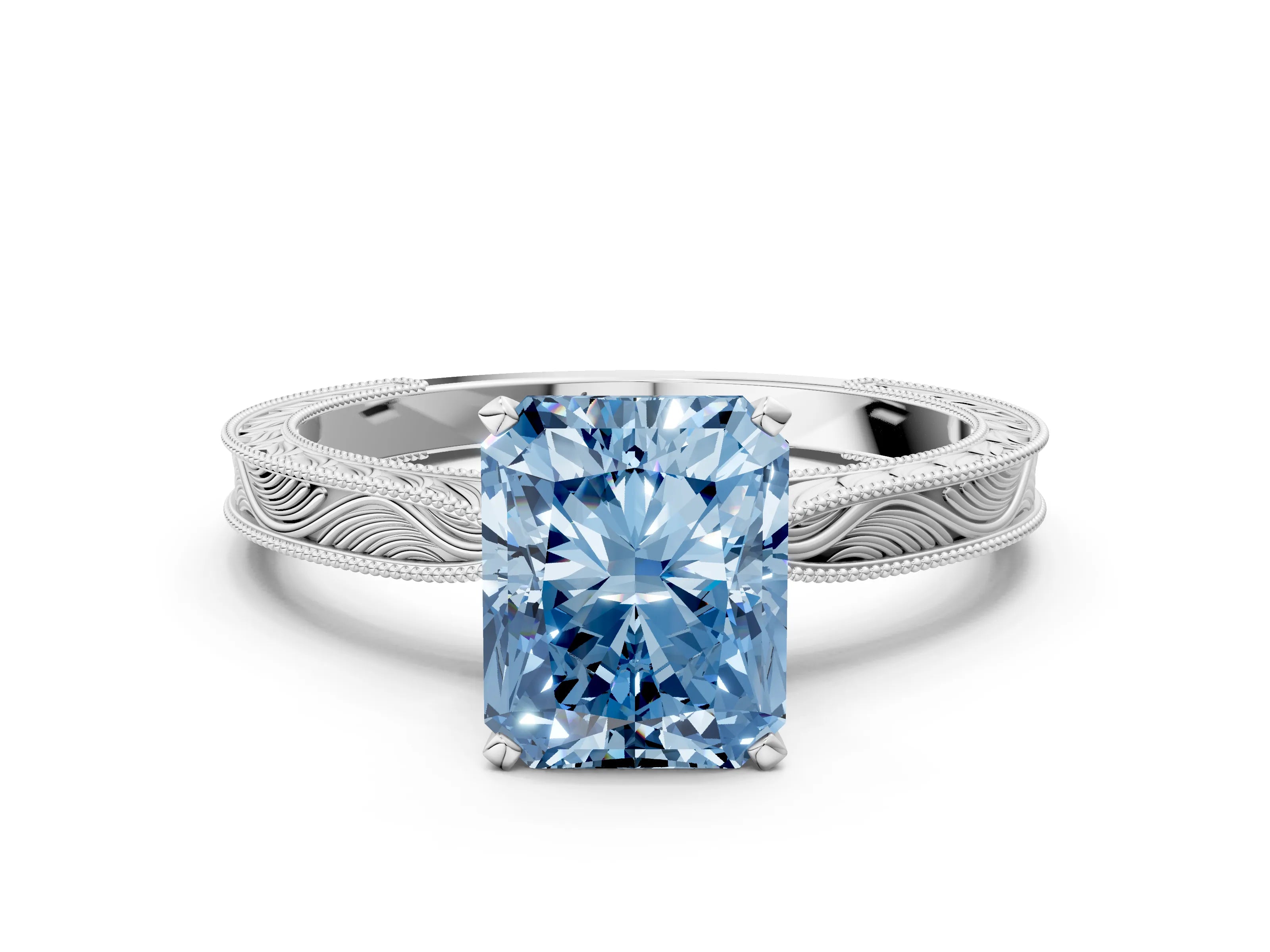 White gold Fancy Blue Radiant Cut Solitaire Milgrain Engraved Band with Four-Prong Setting_12
