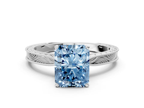 White gold Fancy Blue Radiant Cut Solitaire Milgrain Engraved Band with Four-Prong Setting_12