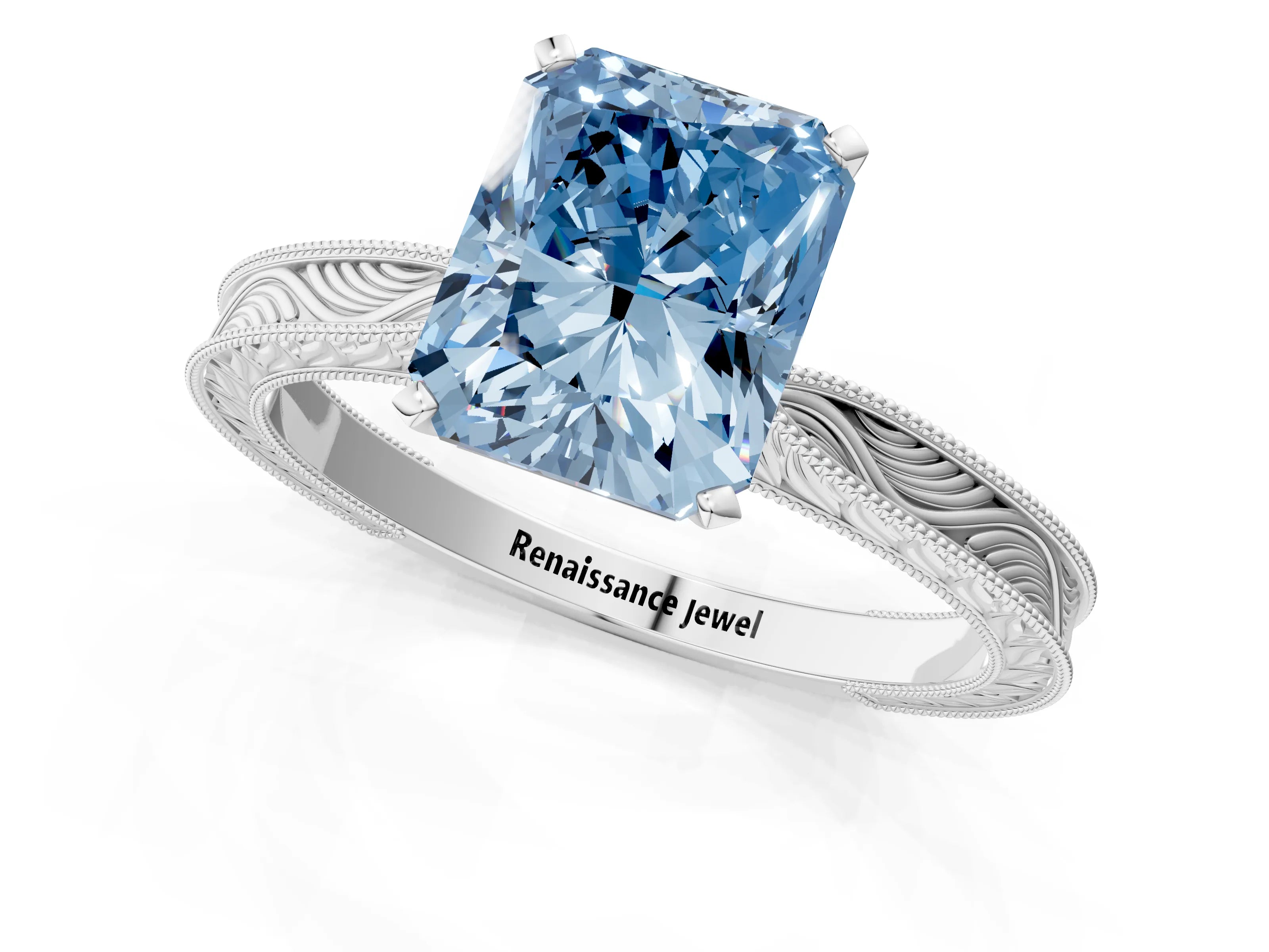 White gold Fancy Blue Radiant Cut Solitaire Milgrain Engraved Band with Four-Prong Setting_13