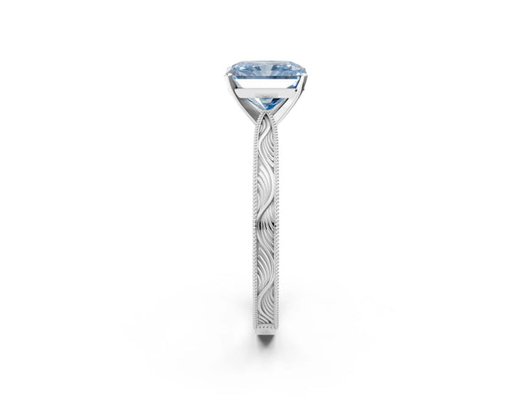 Platinum Fancy Blue Radiant Cut Solitaire Milgrain Engraved Band with Four-Prong Setting