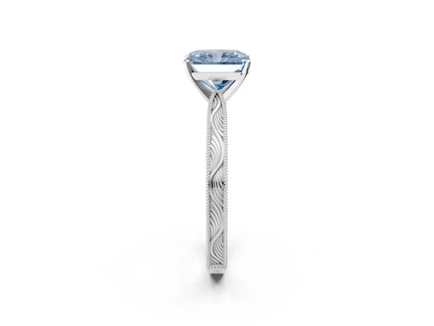 White gold Fancy Blue Radiant Cut Solitaire Milgrain Engraved Band with Four-Prong Setting_14
