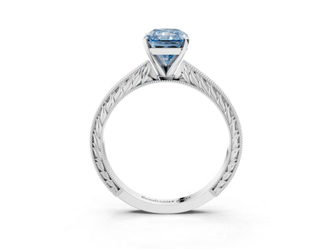White gold Fancy Blue Radiant Cut Solitaire Milgrain Engraved Band with Four-Prong Setting_15