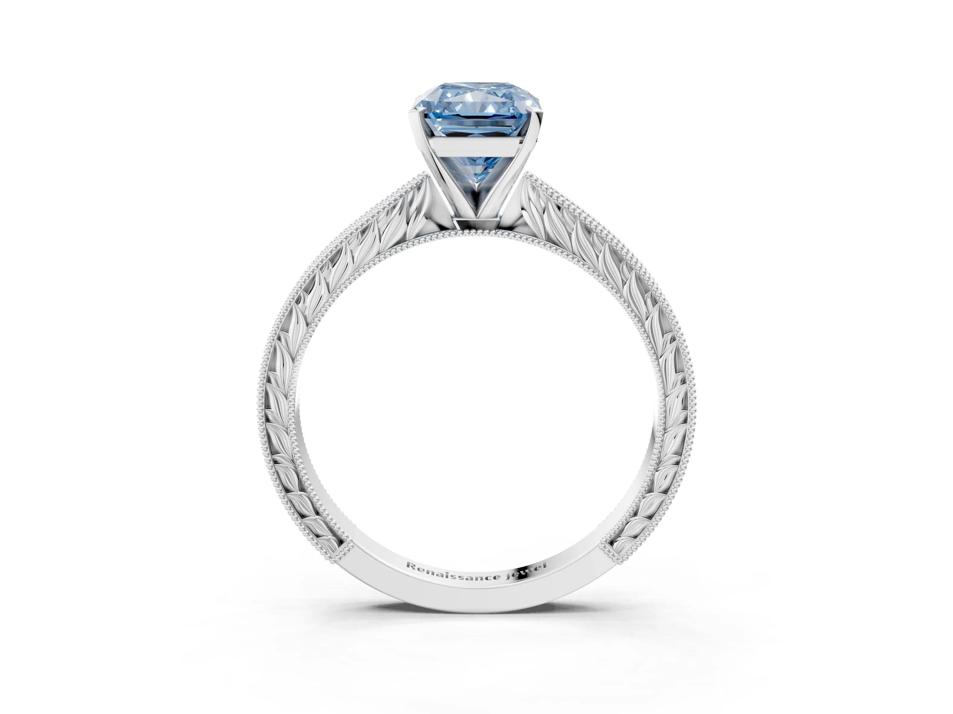 White gold Fancy Blue Radiant Cut Solitaire Milgrain Engraved Band with Four-Prong Setting_15
