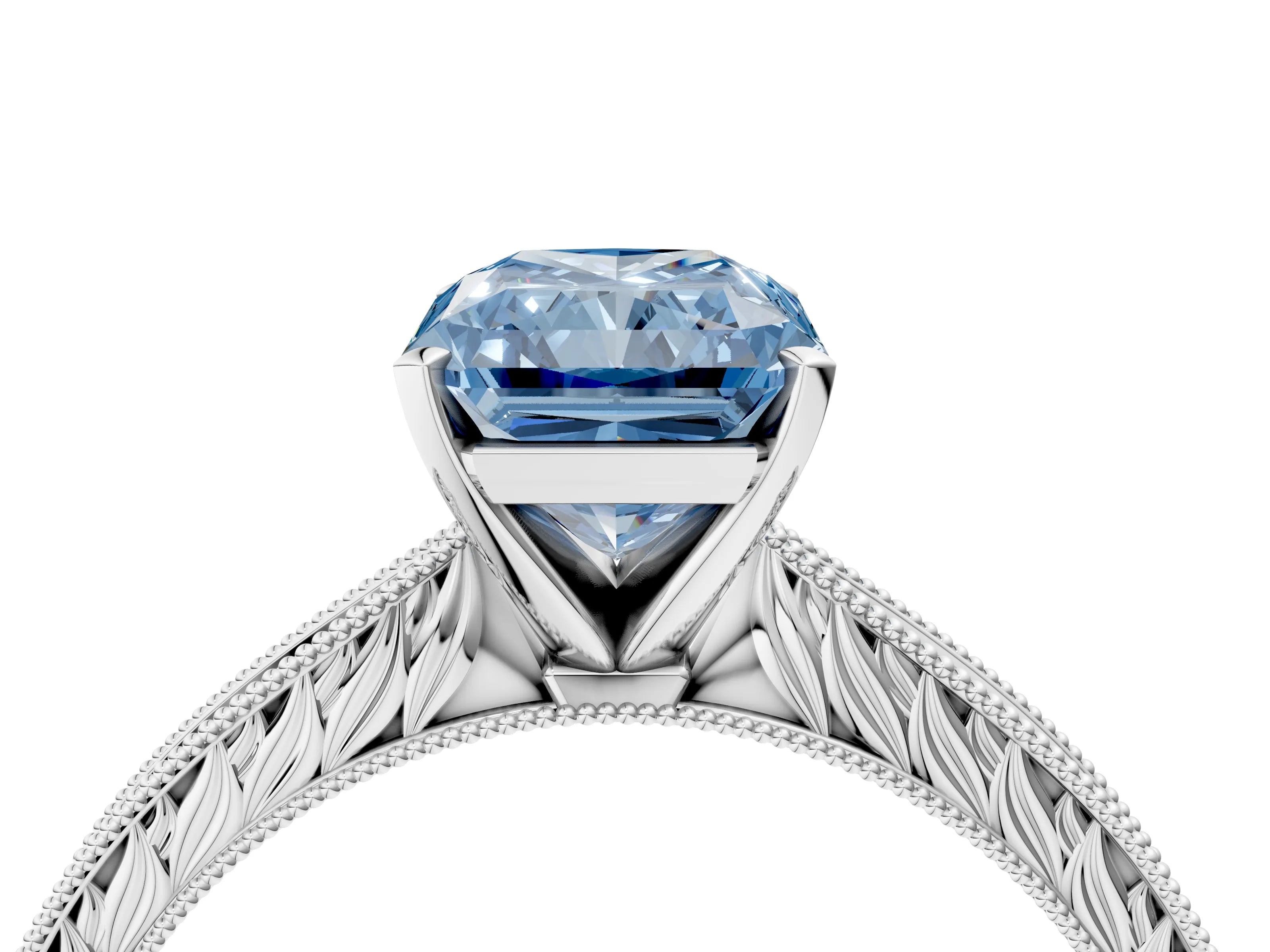 White gold Fancy Blue Radiant Cut Solitaire Milgrain Engraved Band with Four-Prong Setting_16