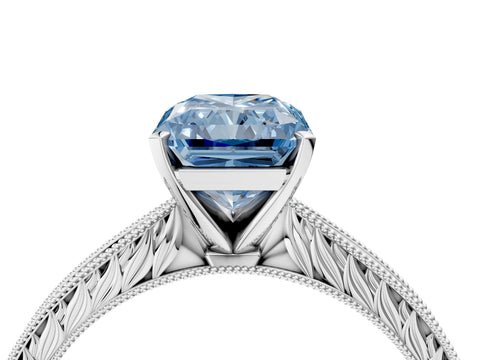 White gold Fancy Blue Radiant Cut Solitaire Milgrain Engraved Band with Four-Prong Setting_16