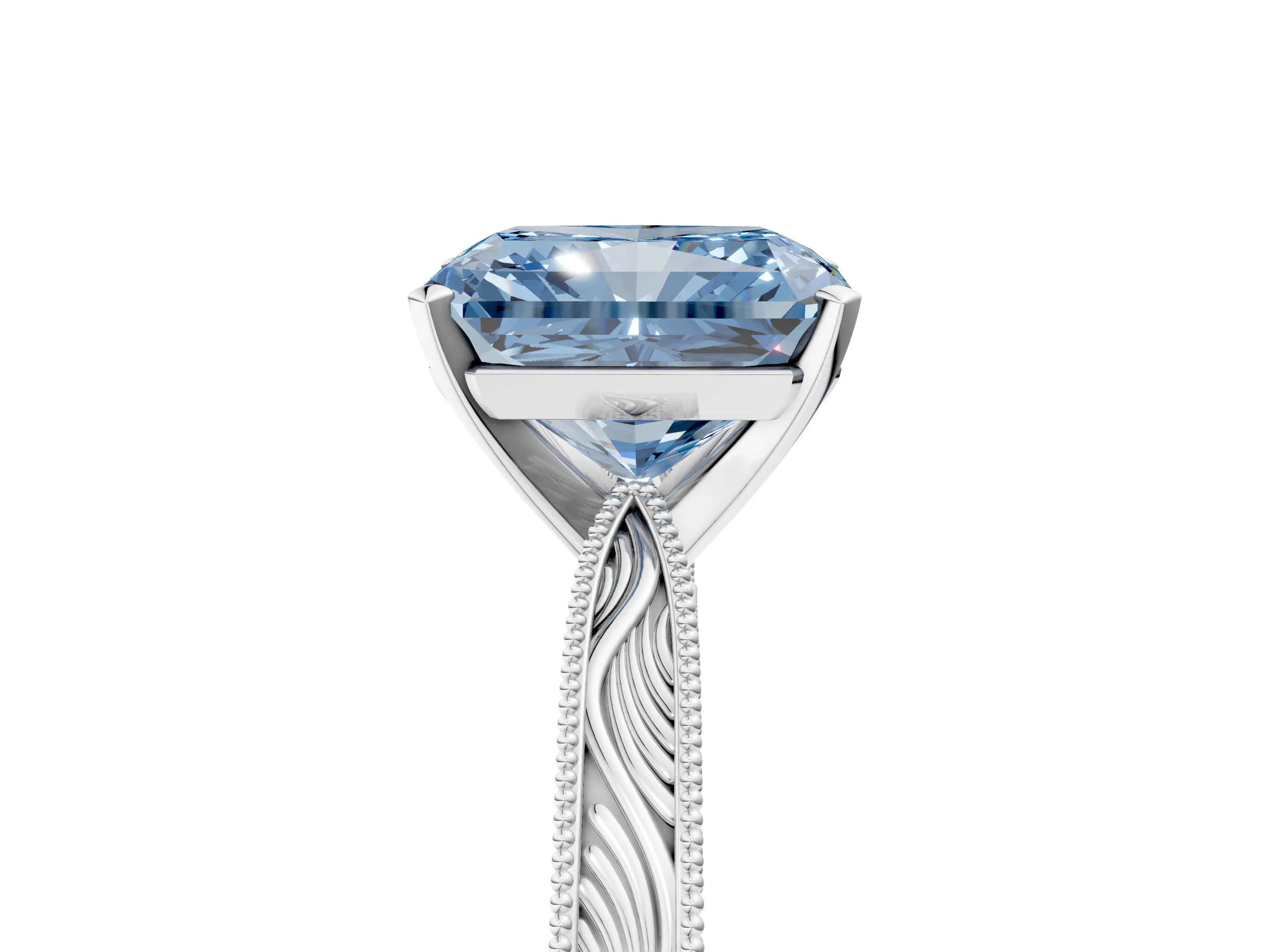 White gold Fancy Blue Radiant Cut Solitaire Milgrain Engraved Band with Four-Prong Setting_17