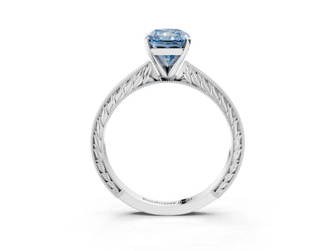 White gold Fancy Blue Radiant Cut Solitaire Milgrain Engraved Band with Four-Prong Setting_3