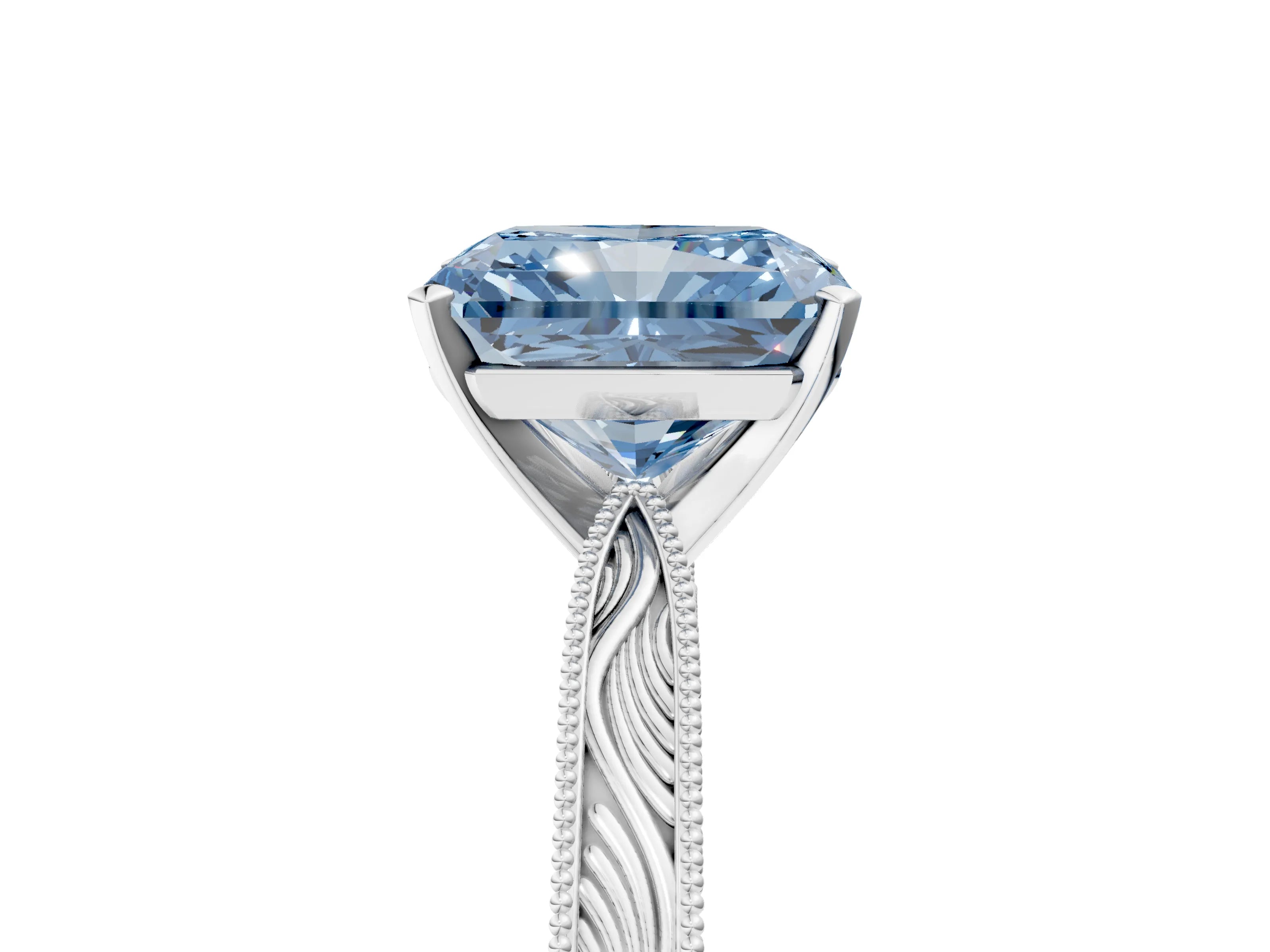 White gold Fancy Blue Radiant Cut Solitaire Milgrain Engraved Band with Four-Prong Setting_5