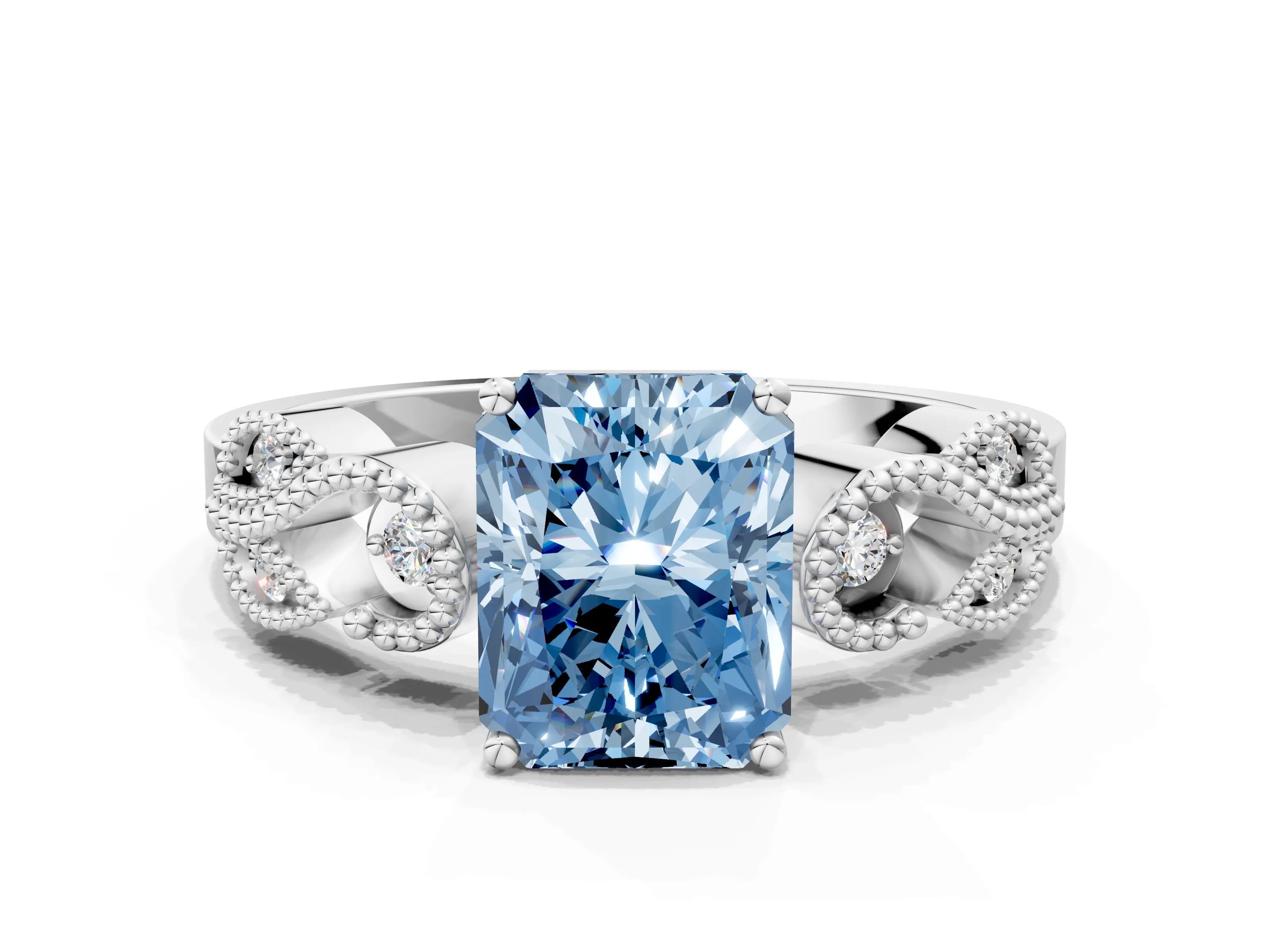 White gold Fancy Blue Radiant Cut Solitaire Milgrain Leaf Band with Prong Setting_12