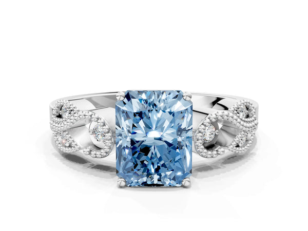 Sterling Silver Radiant Cut Vintage Solitaire Engagement Ring Setting for Fancy Blue Center with Milgrain Leaf Shoulders