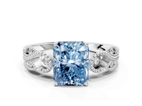 White gold Fancy Blue Radiant Cut Solitaire Milgrain Leaf Band with Prong Setting_12