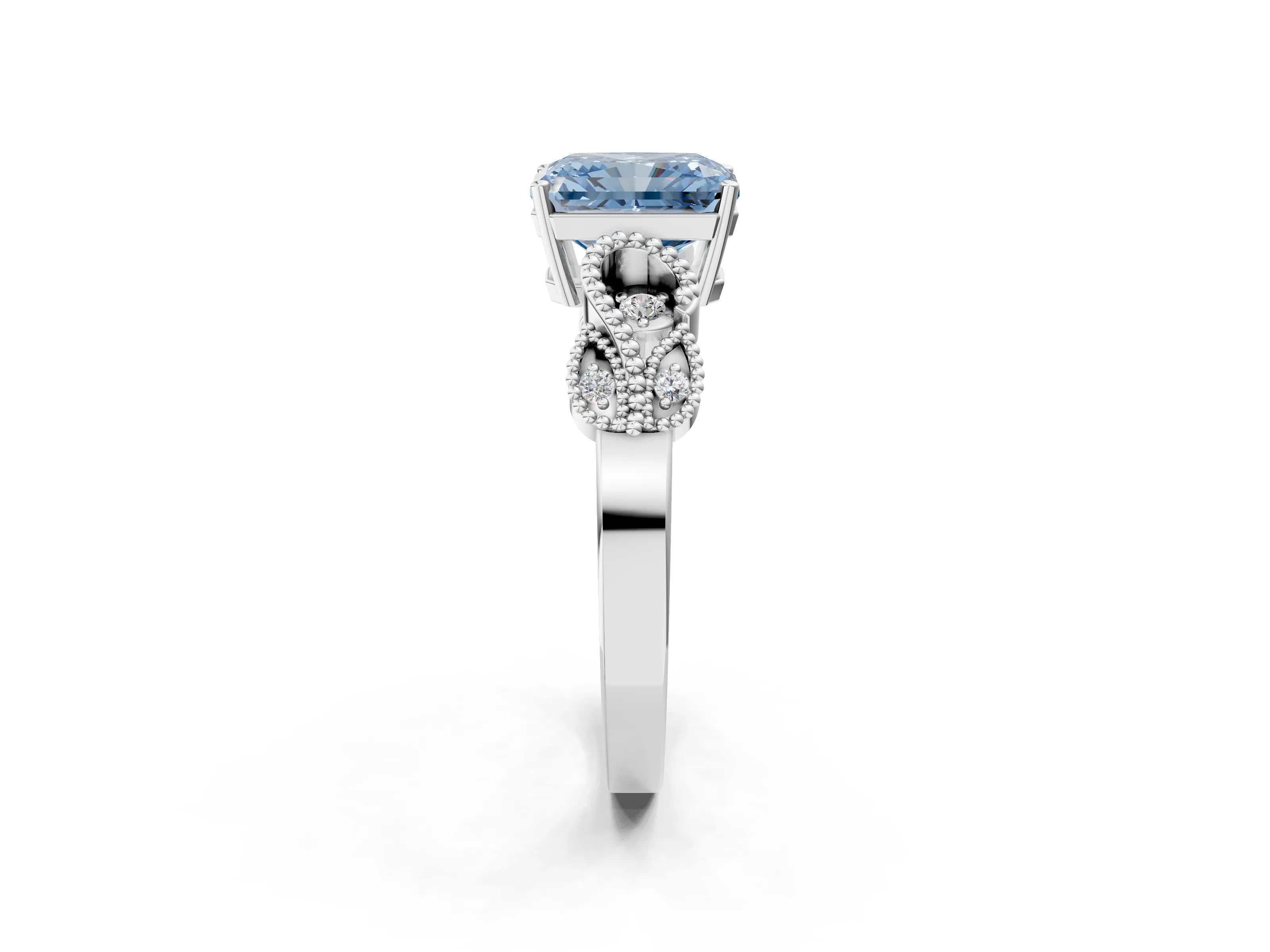 White gold Fancy Blue Radiant Cut Solitaire Milgrain Leaf Band with Prong Setting_14