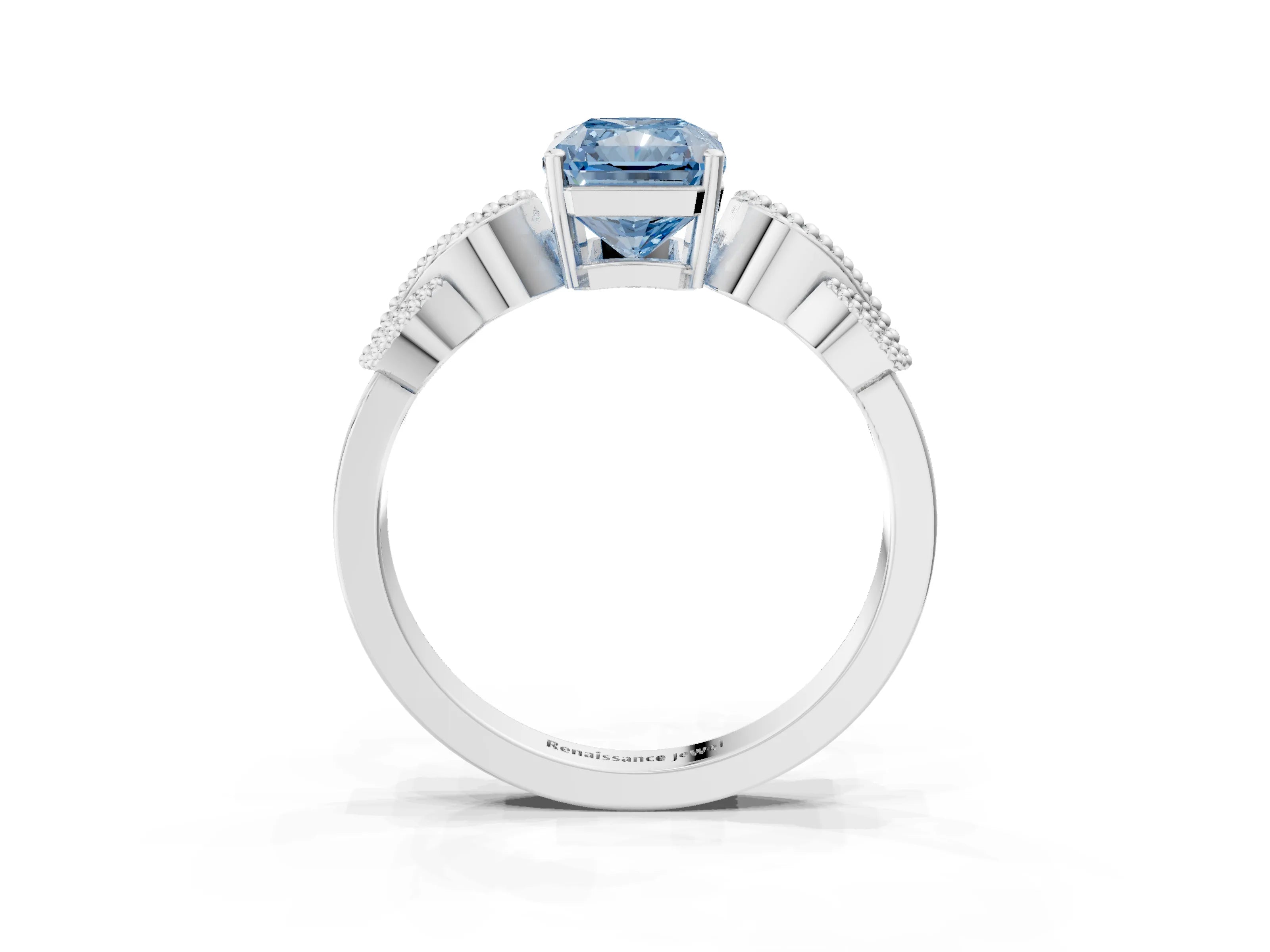 White gold Fancy Blue Radiant Cut Solitaire Milgrain Leaf Band with Prong Setting_15