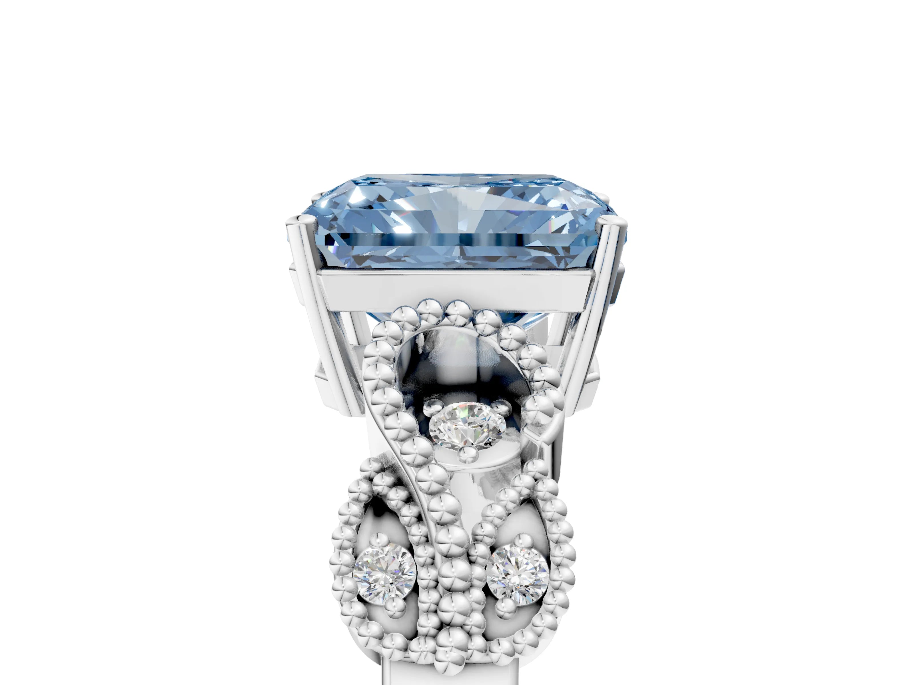 White gold Fancy Blue Radiant Cut Solitaire Milgrain Leaf Band with Prong Setting_17
