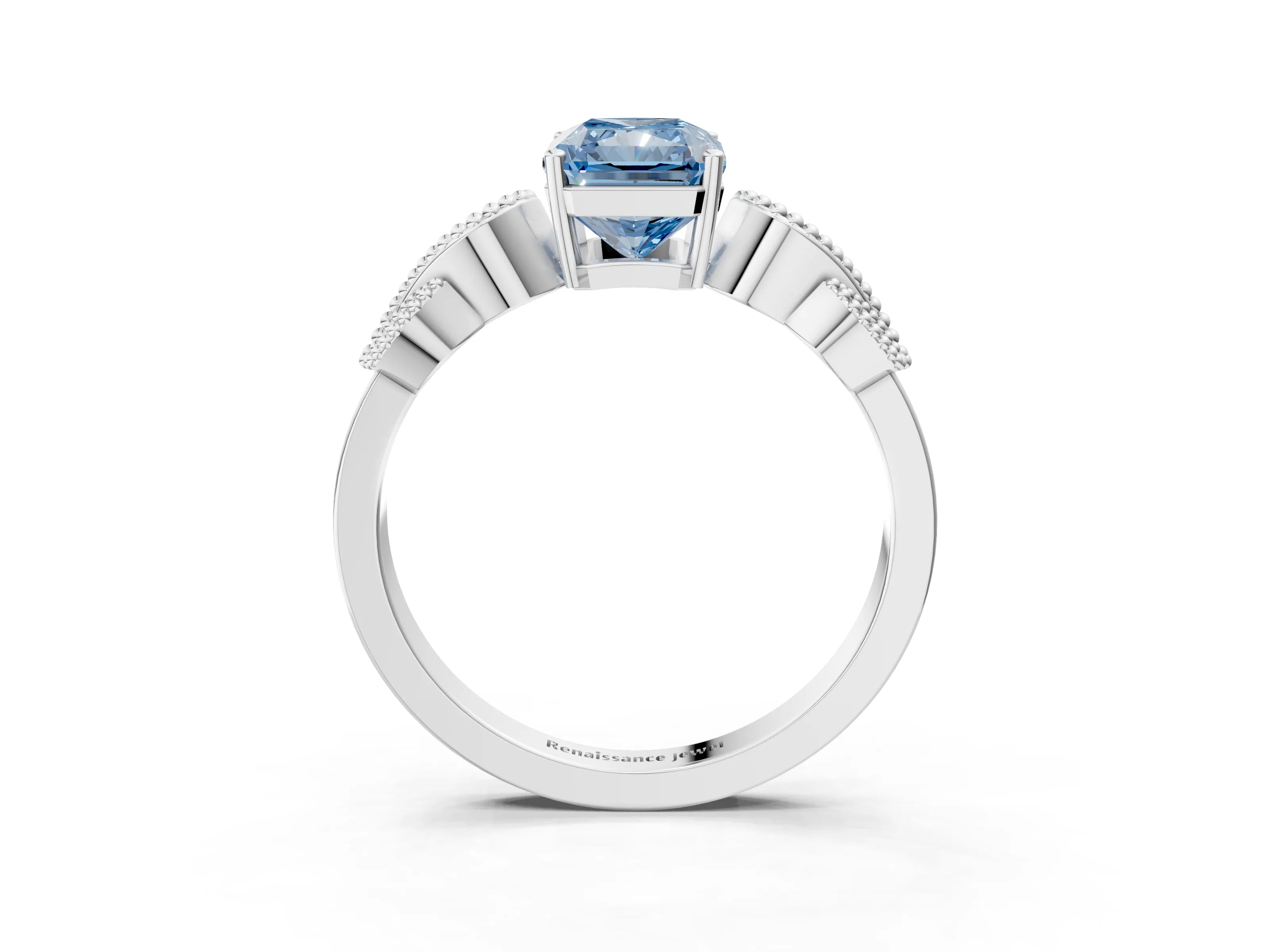 White gold Fancy Blue Radiant Cut Solitaire Milgrain Leaf Band with Prong Setting_3