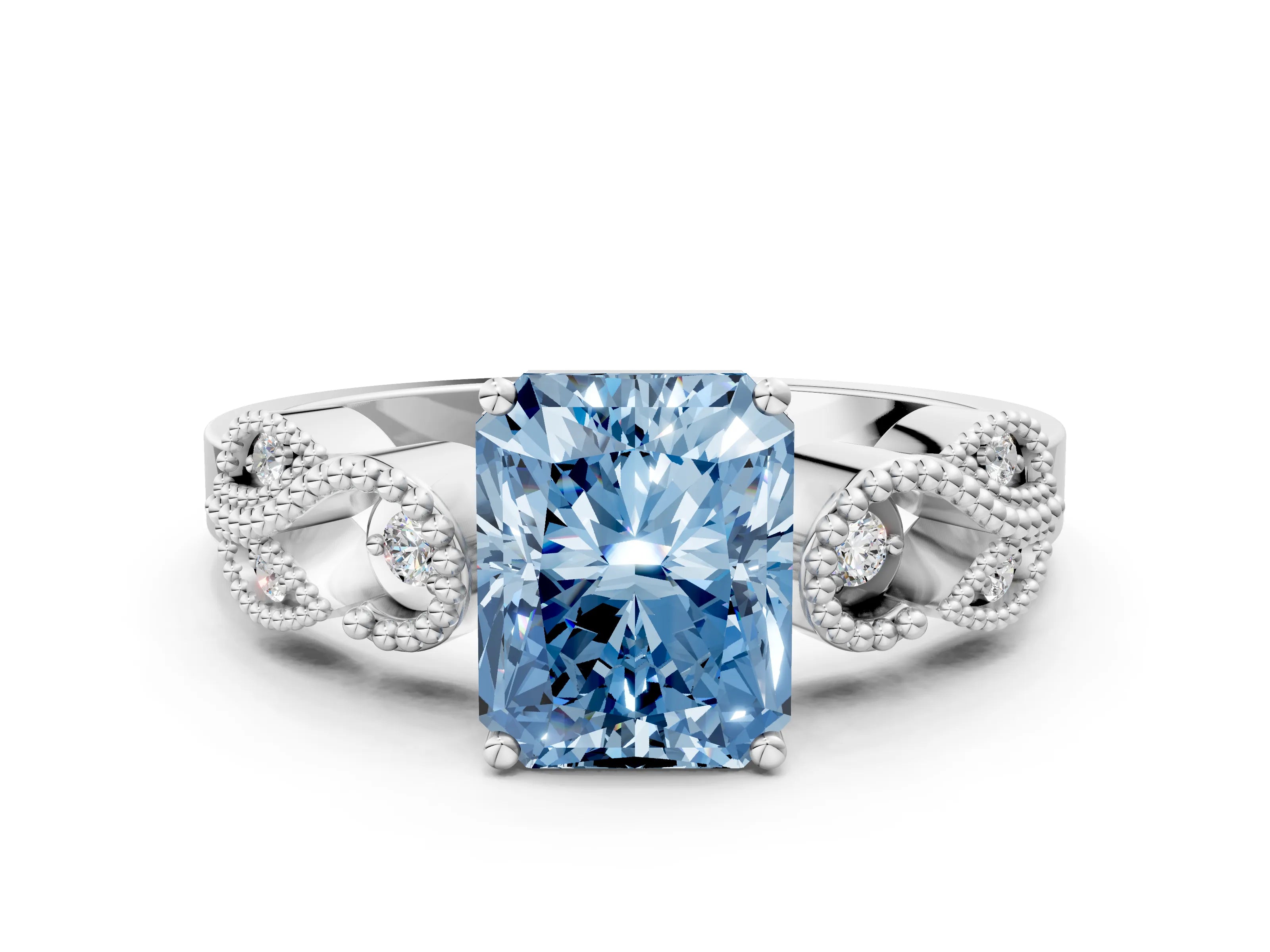 White gold Fancy Blue Radiant Cut Solitaire Milgrain Leaf Band with Prong Setting