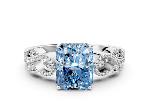 White gold Fancy Blue Radiant Cut Solitaire Milgrain Leaf Band with Prong Setting