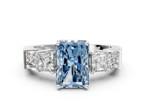 White gold Fancy Blue Radiant Cut Solitaire Princess Side Stone Engraved Band Prong Setting Ring_12