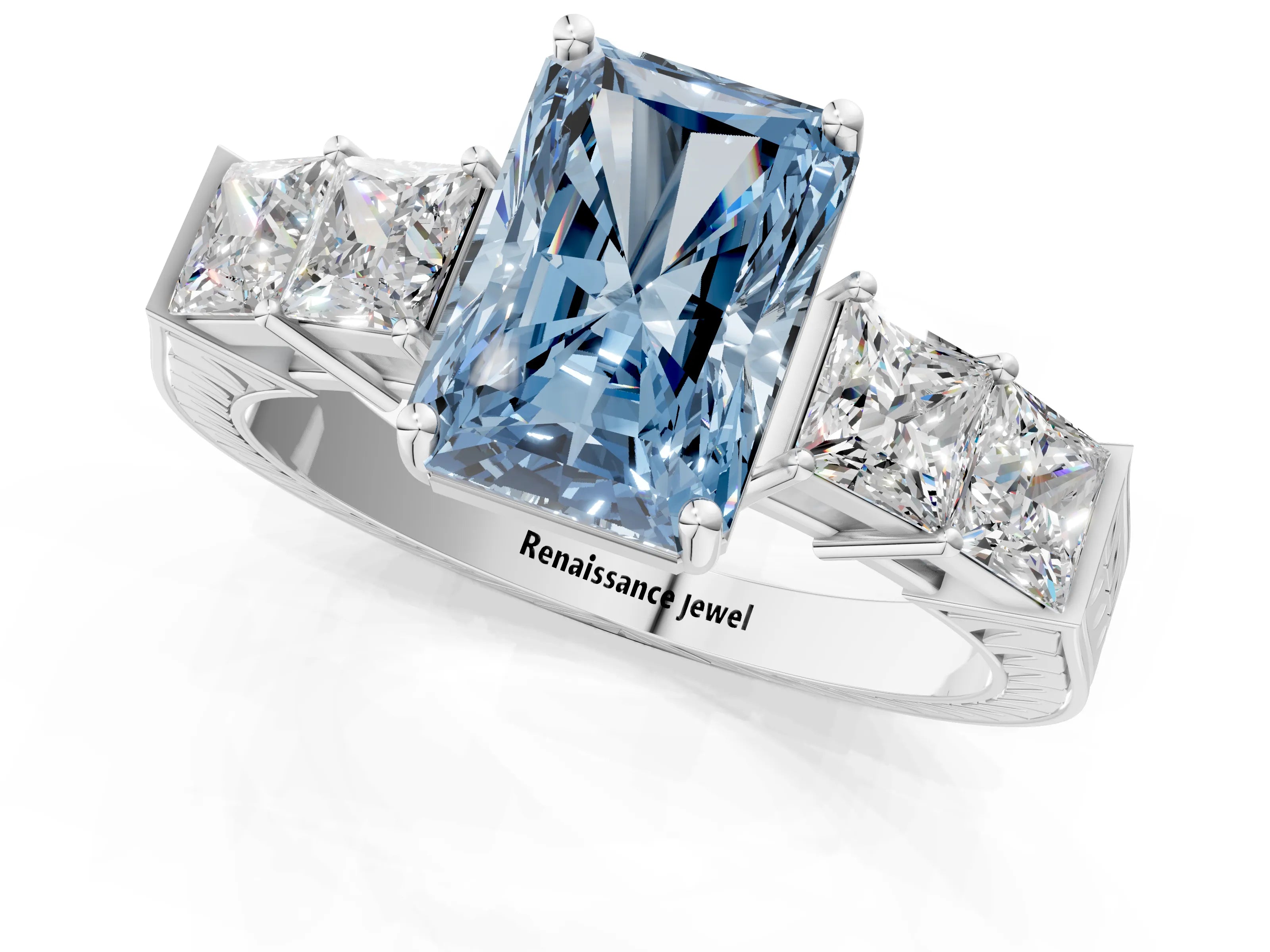 White gold Fancy Blue Radiant Cut Solitaire Princess Side Stone Engraved Band Prong Setting Ring_13