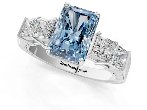 White gold Fancy Blue Radiant Cut Solitaire Princess Side Stone Engraved Band Prong Setting Ring_13
