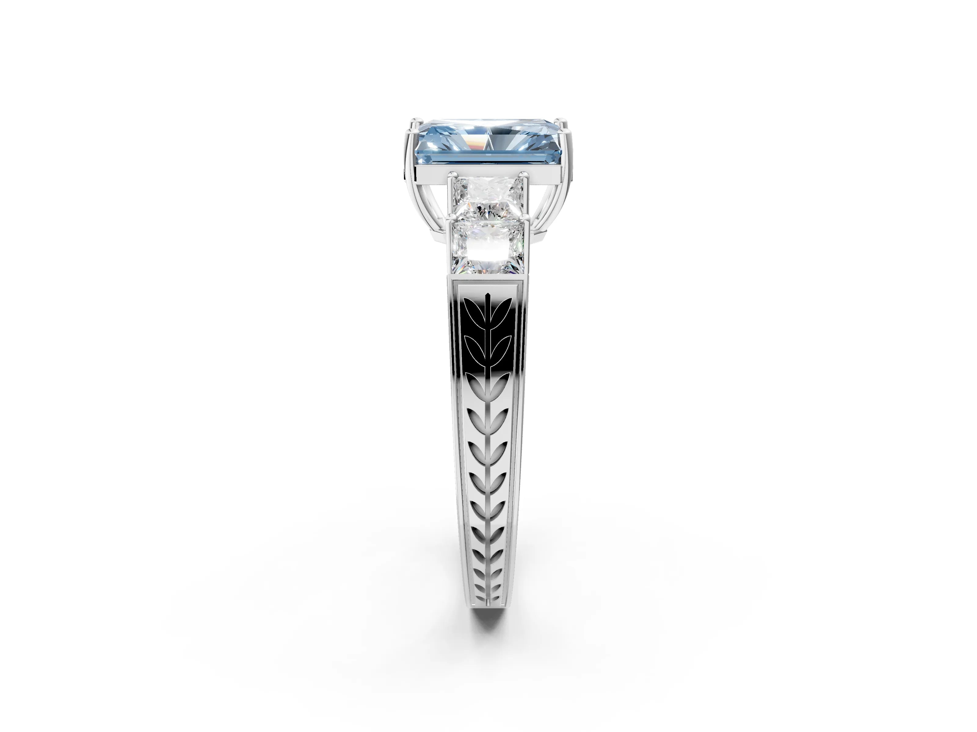 White gold Fancy Blue Radiant Cut Solitaire Princess Side Stone Engraved Band Prong Setting Ring_14
