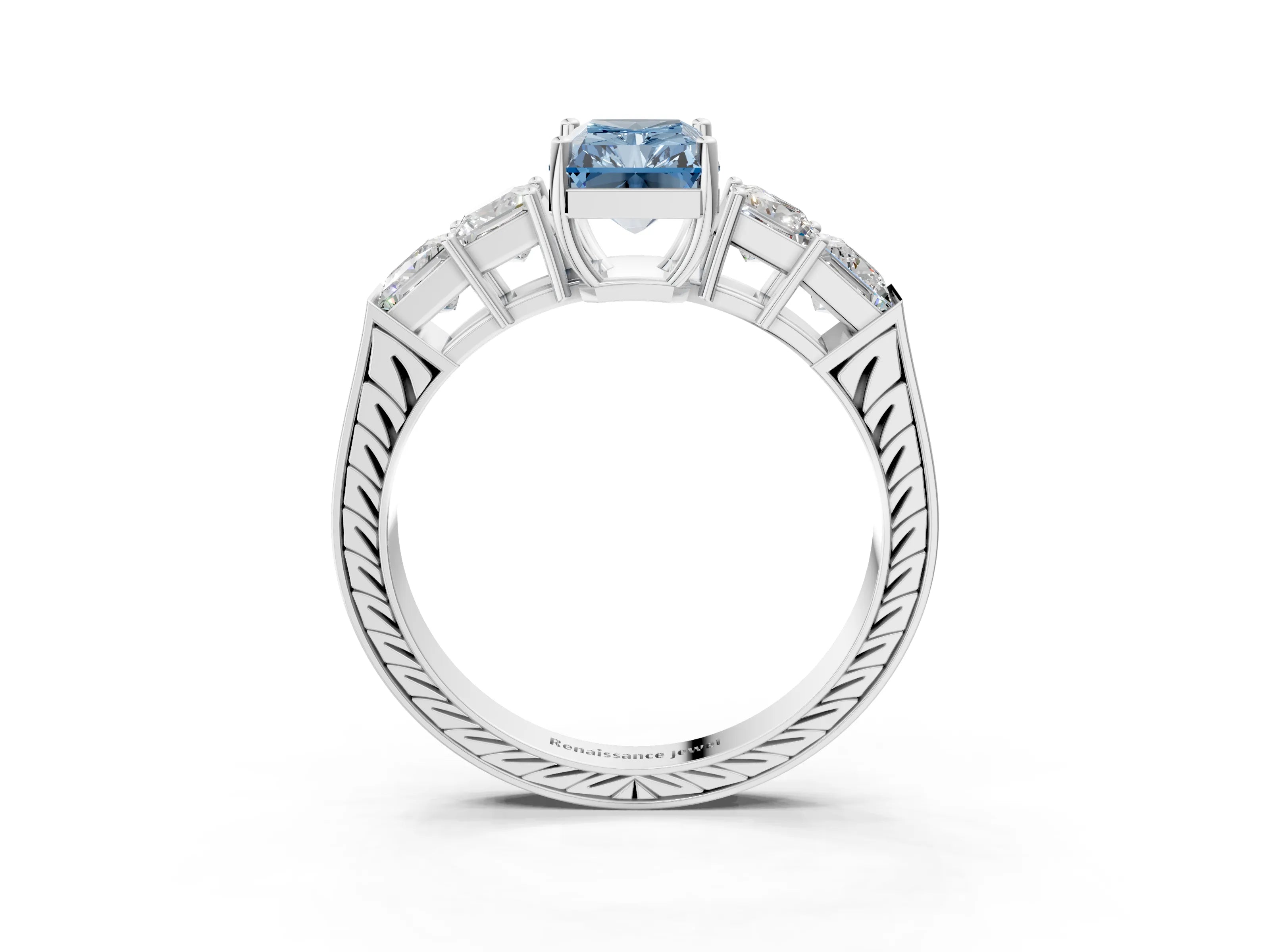 White gold Fancy Blue Radiant Cut Solitaire Princess Side Stone Engraved Band Prong Setting Ring_15