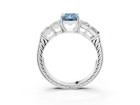 White gold Fancy Blue Radiant Cut Solitaire Princess Side Stone Engraved Band Prong Setting Ring_15