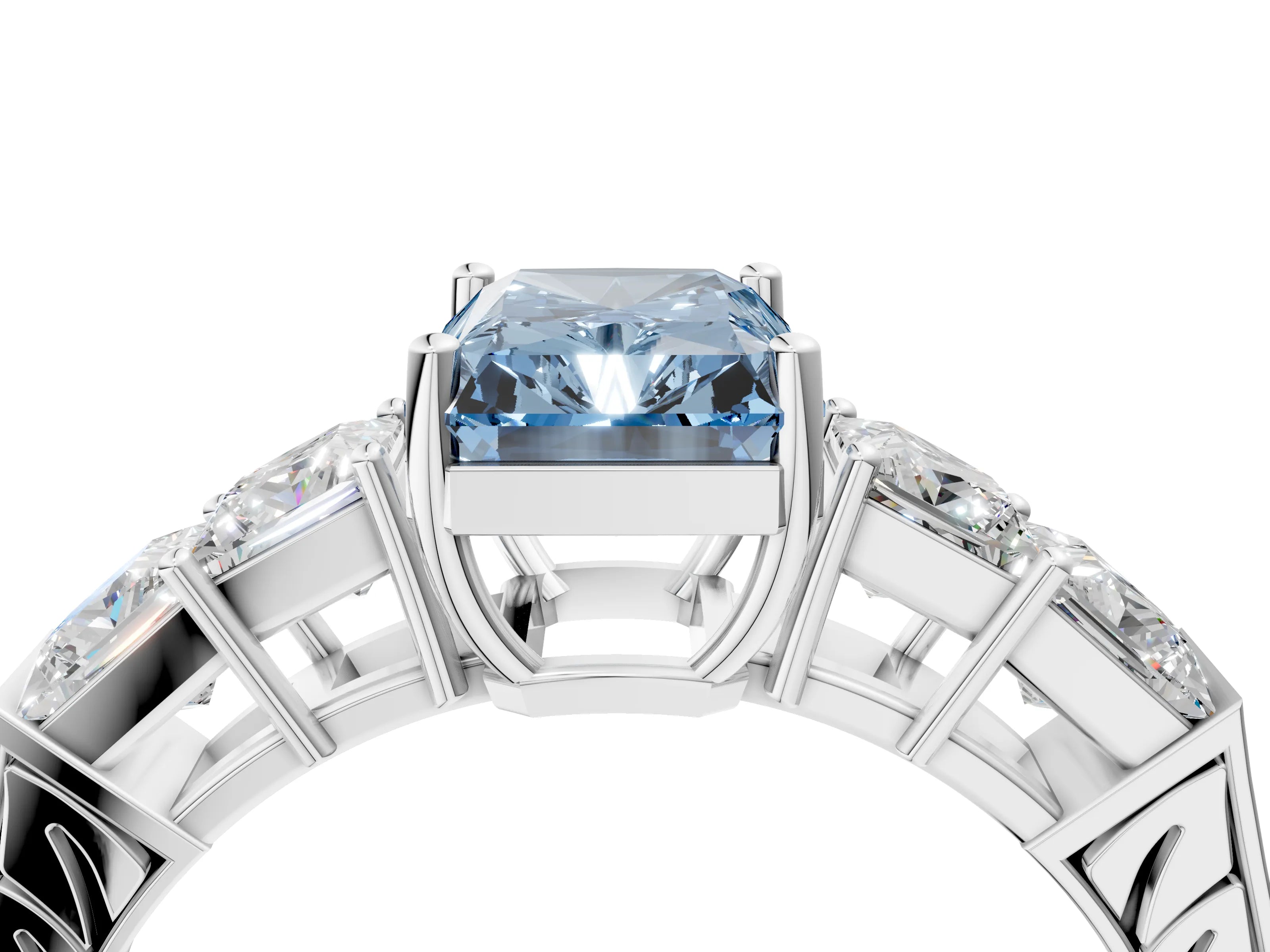 White gold Fancy Blue Radiant Cut Solitaire Princess Side Stone Engraved Band Prong Setting Ring_16