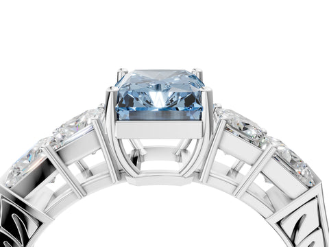White gold Fancy Blue Radiant Cut Solitaire Princess Side Stone Engraved Band Prong Setting Ring_16