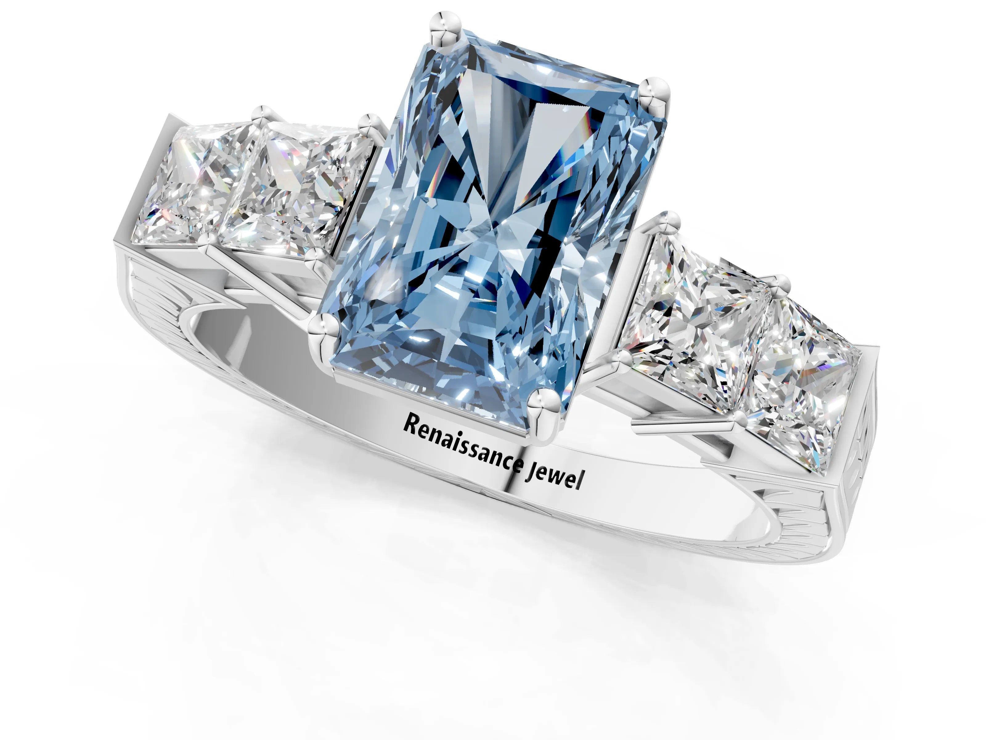 White gold Fancy Blue Radiant Cut Solitaire Princess Side Stone Engraved Band Prong Setting Ring_1