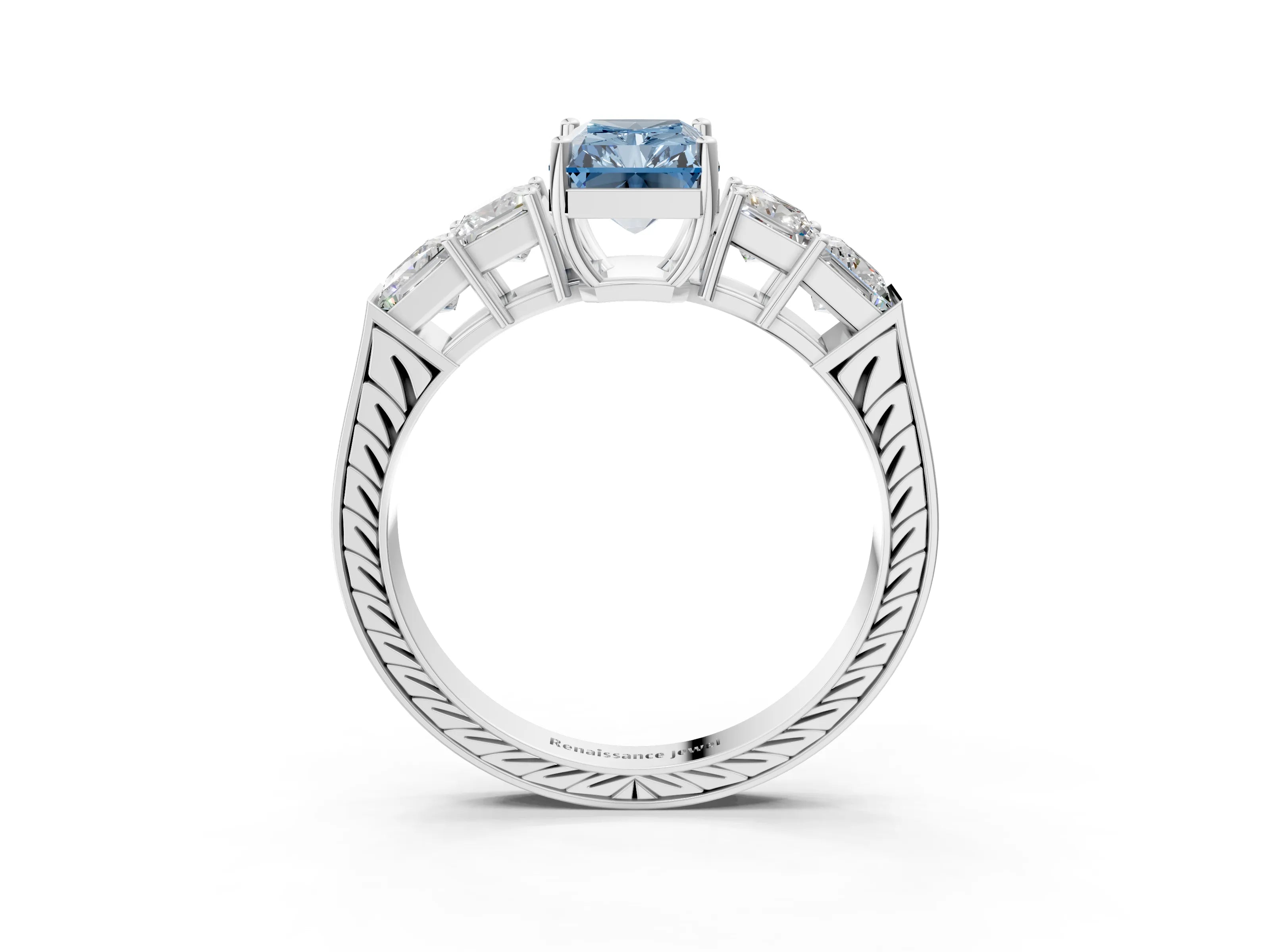 White gold Fancy Blue Radiant Cut Solitaire Princess Side Stone Engraved Band Prong Setting Ring_3